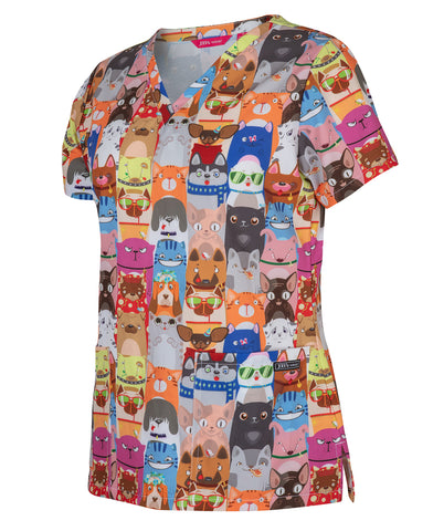 JB'S Ladies Scrub Top Printed - Raining Cats & Dogs (4STP1)